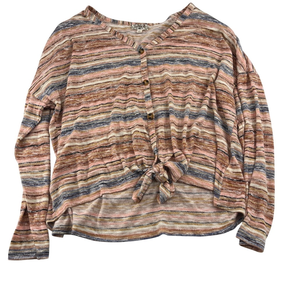One World Striped Button-Front Top L‎ Polyester/Spandex Blend